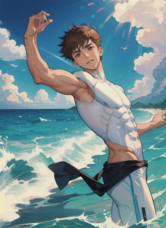 1boy,short hair, muscular, brown eyes, looking at viewer, white bodysuit, sunlight, sea waves, ocean, surfing,