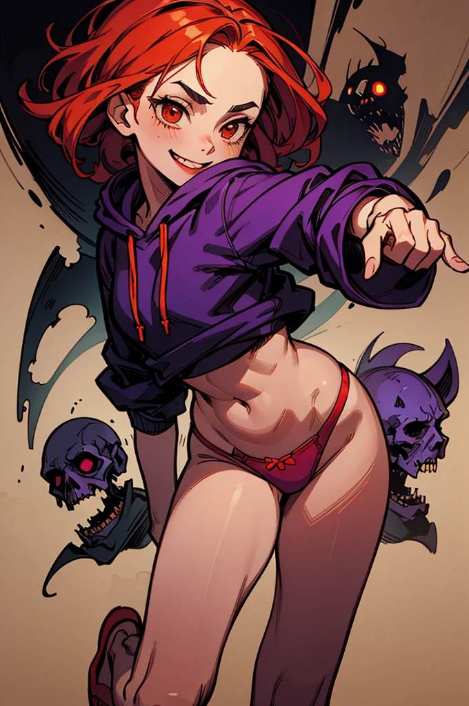 ((A girl dancing、Orange hoodie、Purple Panties、Red Hair)), scribble, nightmare, Doll-like face, Manga style, rough sketch, , (masterpiece), (High resolution), (Very delicate), (clear), Comic style illustration,(Horror elements), Japanese painting illustration, whole body,(snap shot),crazy illustration, antique, Dark atmosphere, Flat Illustration, Creepy Appearance, Characteristic hairstyle, creative accessories, Unique atmosphere、Cute Smile