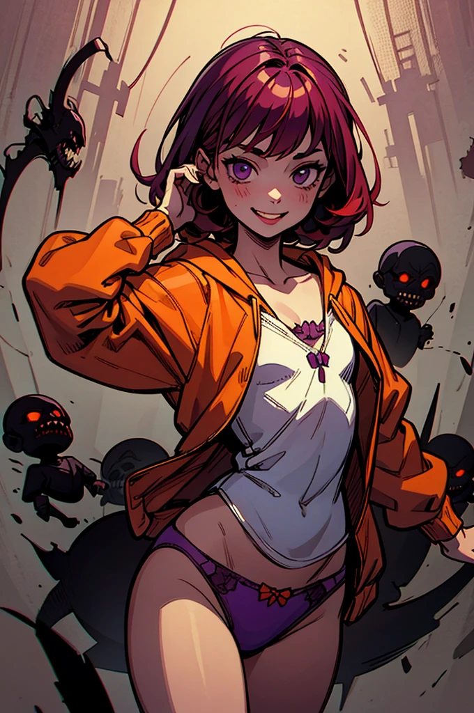 ((A girl dancing、Orange hoodie、Purple Panties、Red Hair)), scribble, nightmare, Doll-like face, Manga style, rough sketch, , (masterpiece), (High resolution), (Very delicate), (clear), Comic style illustration,(Horror elements), Japanese painting illustration, whole body,(snap shot),crazy illustration, antique, Dark atmosphere, Flat Illustration, Creepy Appearance, Characteristic hairstyle, creative accessories, Unique atmosphere、Cute Smile