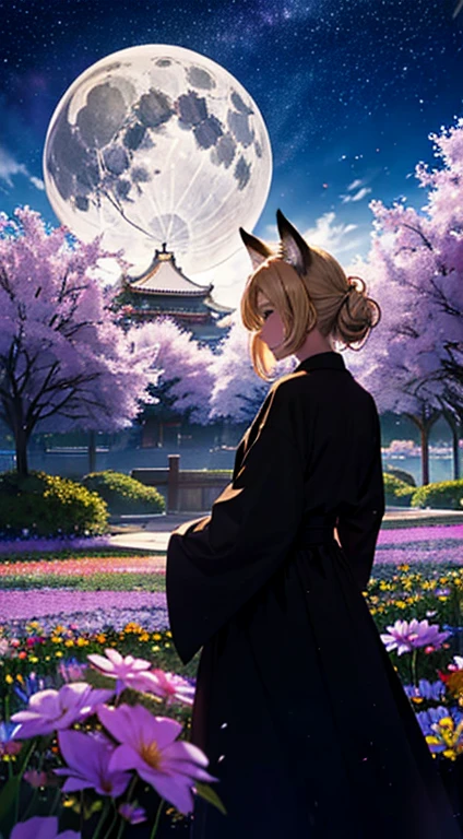 1people々々々々々々々々々々々々々々,Woman with medium length blonde hair,Fox Ears,Long coat,Takageta, Dress Silhouette, Rear View,Space Sky, Flower Field,Colorful flowers,Dancing Petals,full moon,shrine,