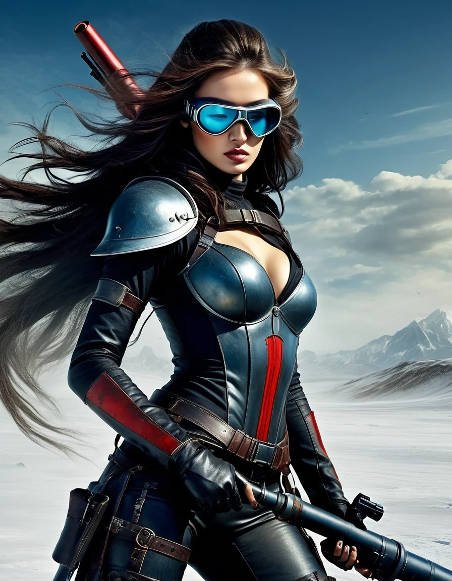 Christian Schloe style, beautifully detailed, best quality, super fine, HDR, masterpiece: 1. 2, wasteland, beautiful female warrior from China holding a rocket launcher, futuristic fantasy, long flowing hair, high tech helmet, goggles, blood and black greasepaint on the face, dirt, wounded, worn out, tragic, movie stills, Siberia, snow covered vast wasteland, cold night, sci-fi art, Amidio Modigliani style, battle, war, multiple fighters, background: army combat battlefield, countless brave soldiers.