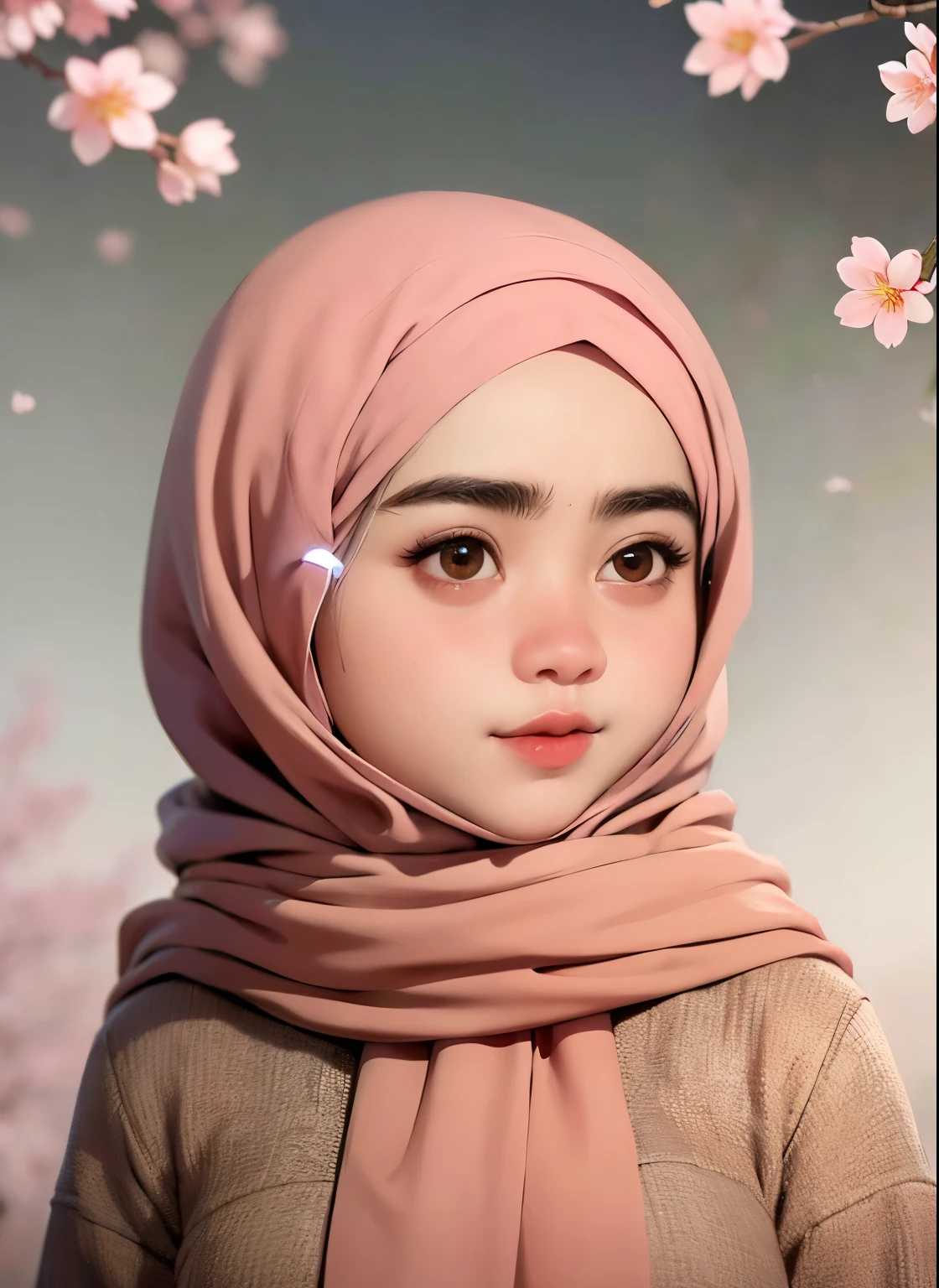 Create a beautifull hijab girl in an outstanding scene of rays of lighting in a cherry blossom forest, hyper realistic texture.