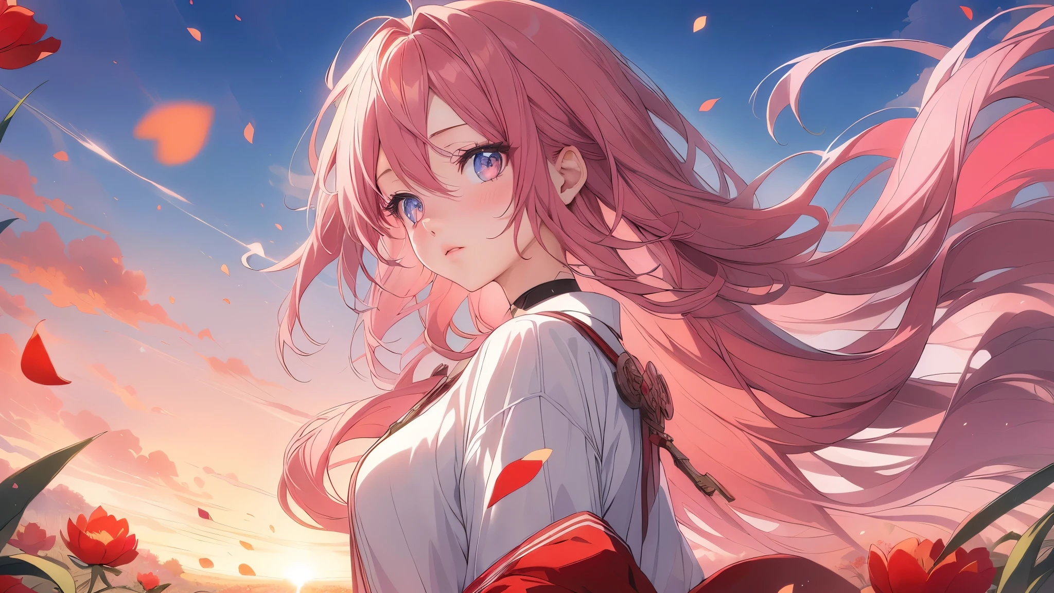 anime girl with long pink hair and blue eyes standing in a field of flowers, anime style 4 k, best anime 4k konachan wallpaper, anime wallpaper 4 k, anime wallpaper 4k, anime art wallpaper 4 k, anime art wallpaper 4k, 4k anime wallpaper, anime art wallpaper 8 k, 4 k manga wallpaper, anime girl with long hair