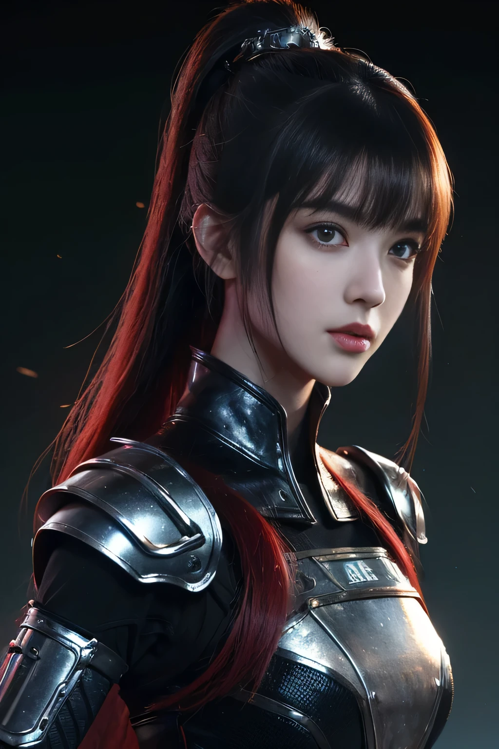 tmasterpiece,Best quality at best,A high resolution,8K,(portrait),(Close up of avatar),(RAW photogr),real photograph,(Costumes that combine fantasy and science fiction styles),digital photography,teens girl,18yo Girl,long ponytail hairstyle,through bangs,Beautiful white and red gradient hair,Red eyes,iintricate,elegant and charming,The content is very detailed,Simple accessories,Metal armor,black sash,Clothing that combines technology and ancient style,Crop topping,Hollow armor design,Combat uniforms,Shoulder pads,cyber punk personage,binh,Photo pose,stately,metalictexture,oc render reflection texture,Gray street background, (((l3/4body portrait))),
