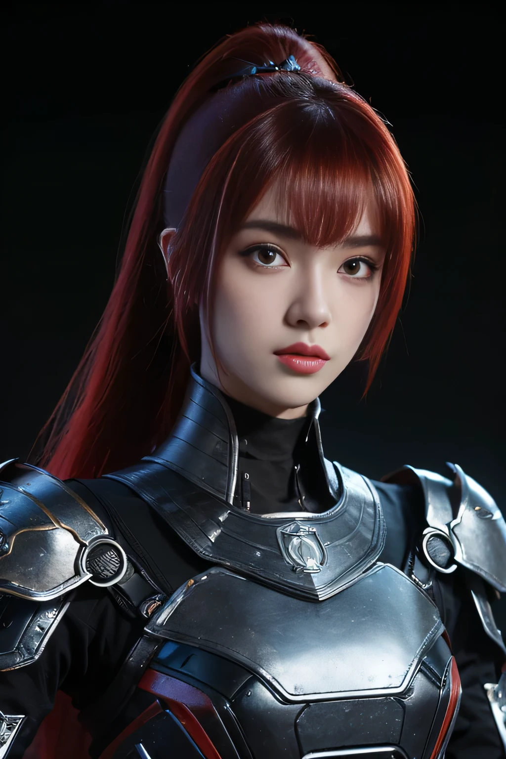 tmasterpiece,Best quality at best,A high resolution,8K,(portrait),(Close up of avatar),(RAW photogr),real photograph,(Costumes that combine fantasy and science fiction styles),digital photography,teens girl,18yo Girl,long ponytail hairstyle,through bangs,Beautiful white and red gradient hair,Red eyes,iintricate,elegant and charming,The content is very detailed,Simple accessories,Metal armor,black sash,Clothing that combines technology and ancient style,Crop topping,Hollow armor design,Combat uniforms,Shoulder pads,cyber punk personage,binh,Photo pose,stately,metalictexture,oc render reflection texture,Gray street background, (((l3/4body portrait))),