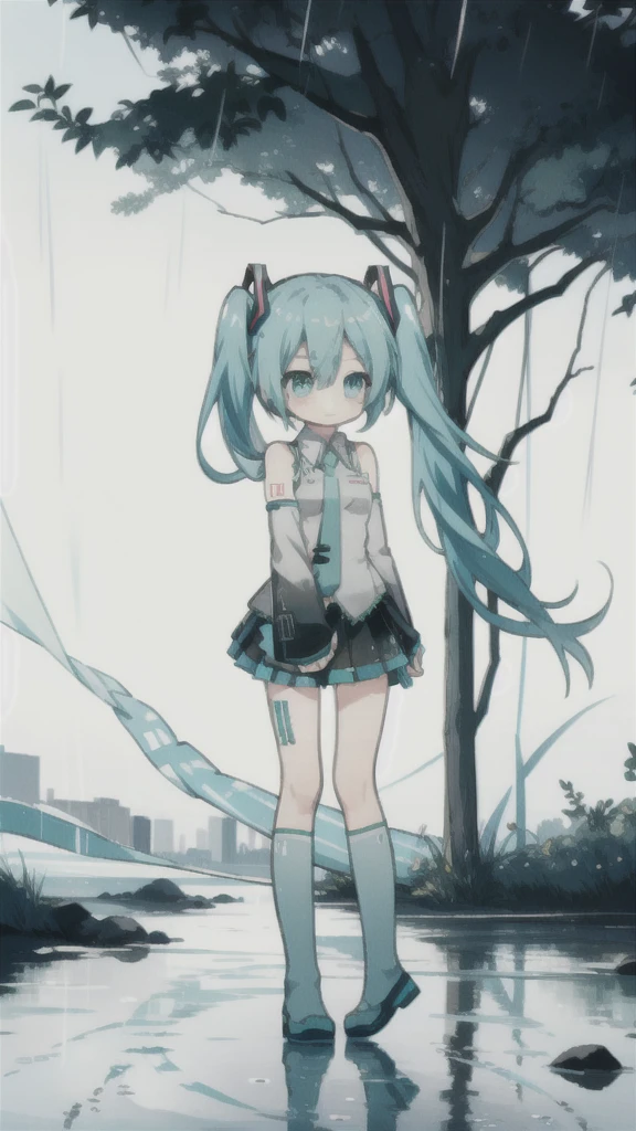 best quality, chibi, 1 girl, miku, Hatsune Miku, (full body), Pure white background,Vivid,clearly,sad face,rain