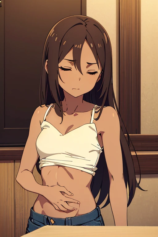((best quality)), ((masterpiece)), (detailed), perfect face, brown skin anime girl in a deep V neck backless cami top, (jeans trousers), famished in hunger, (gently resting hands on stomach), (long hair), (hands on her stomach), (eyes closed), (slim girl), (skinny stomach), (flat stomach), (starved stomach), (medium breasts)