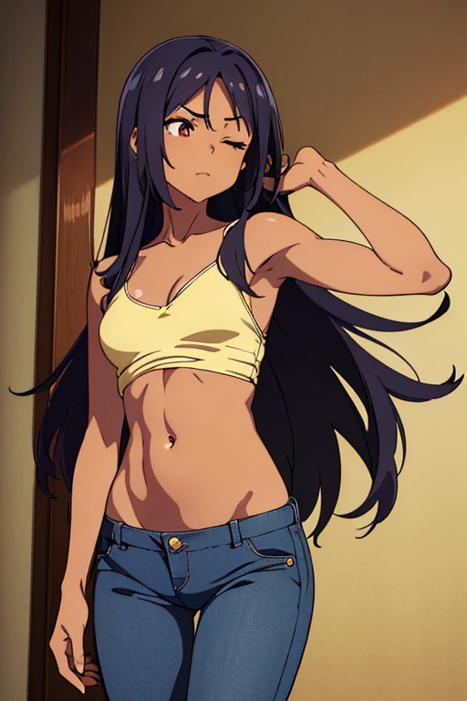 ((best quality)), ((masterpiece)), (detailed), perfect face, brown skin anime girl in a deep V neck backless cami top, (jeans trousers), famished in hunger, (gently resting hands on stomach), (long hair), (hands on her stomach), (eyes closed), (slim girl), (skinny stomach), (flat stomach), (starved stomach), (medium breasts)
