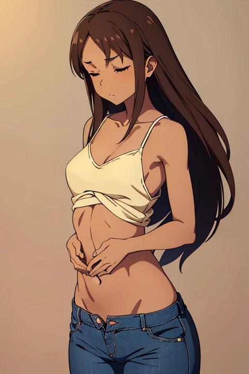 ((best quality)), ((masterpiece)), (detailed), perfect face, brown skin anime girl in a deep V neck backless cami top, (jeans trousers), famished in hunger, (gently resting hands on stomach), (long hair), (hands on her stomach), (eyes closed), (slim girl), (skinny stomach), (flat stomach), (starved stomach), (medium )