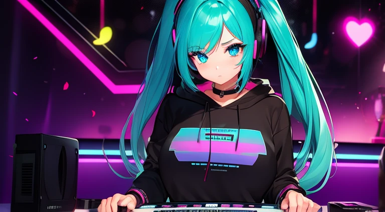 masterpiece, best quality, high resolution, UHD, 8k, cowboy shot, BREAK, 1 girl, girl style anime, Glossy skin, rounded eye, beautiful eyelash, realistic eye, beautiful woman, blue hair, long hair, with white highlights, low twintails, perfect body, medium breasts, BREAK, DJ en Neon Skies, a DJ girl standing mixing music using large headphones, on a turntable, wearing a sweatshirt with neon heart prints, mixing music in a neon environment with many lights, colored lasers, balloons, and colored confetti,