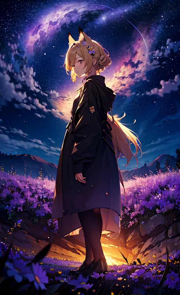 1people々々々々々々々々々々々々々々々,Woman with medium length blonde hair,Fox Ears,Long coat,Takageta, Dress Silhouette, Rear View,Space Sky, Flower Field,Colorful flowers,Dancing Petals,full moon,shrine,