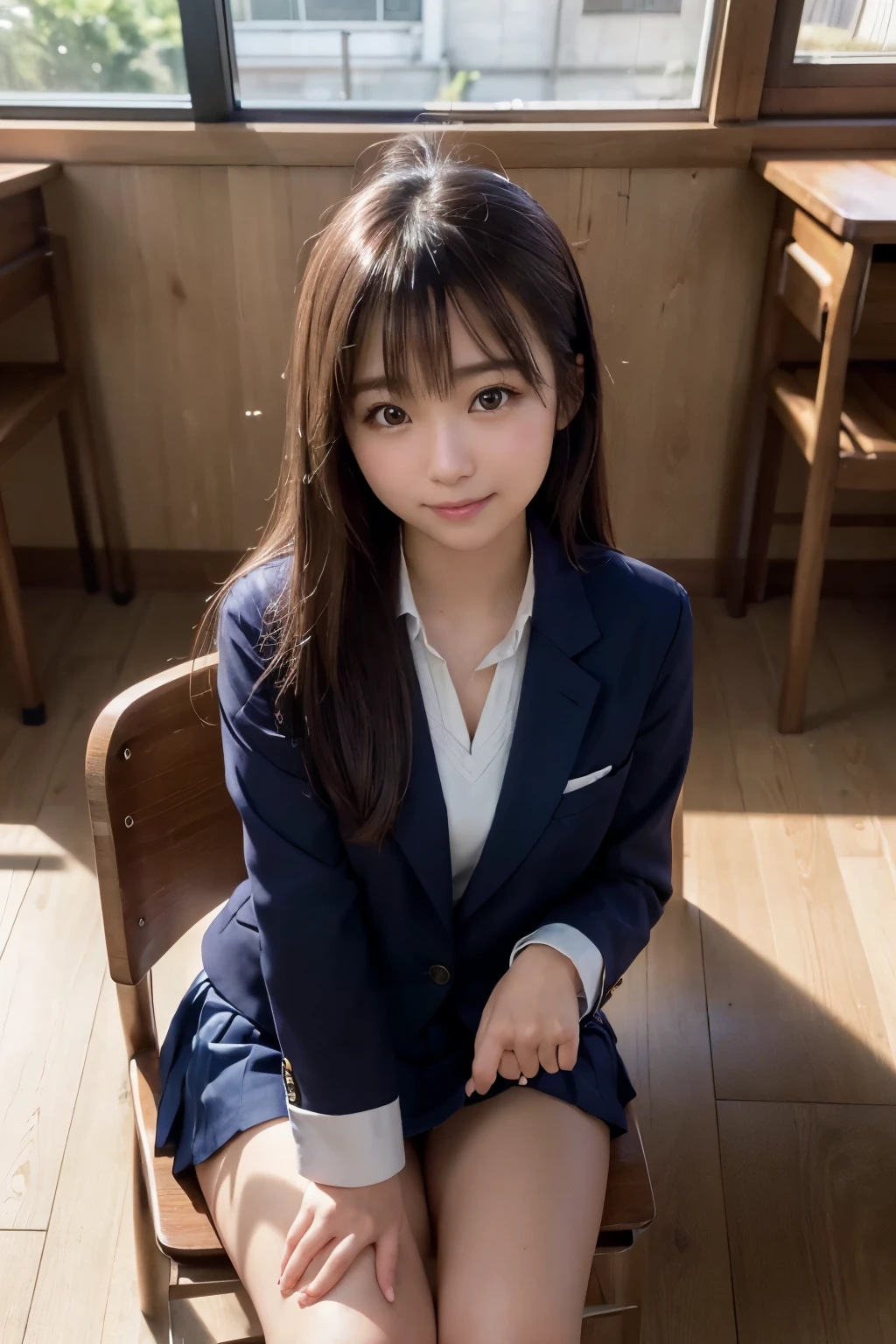 best quality, facial focus, soft light, (depth of field), ultra high res, (photorealistic: 1.4), RAW photo, (sideways) 1Japanese girl, solo, handsome, (shy, smile: 1.1), (brown eyes), detailed beautiful face, (long hair), (seated chair), (school uniform: 1.4, navy skirt, navy Blazer), pet shop,