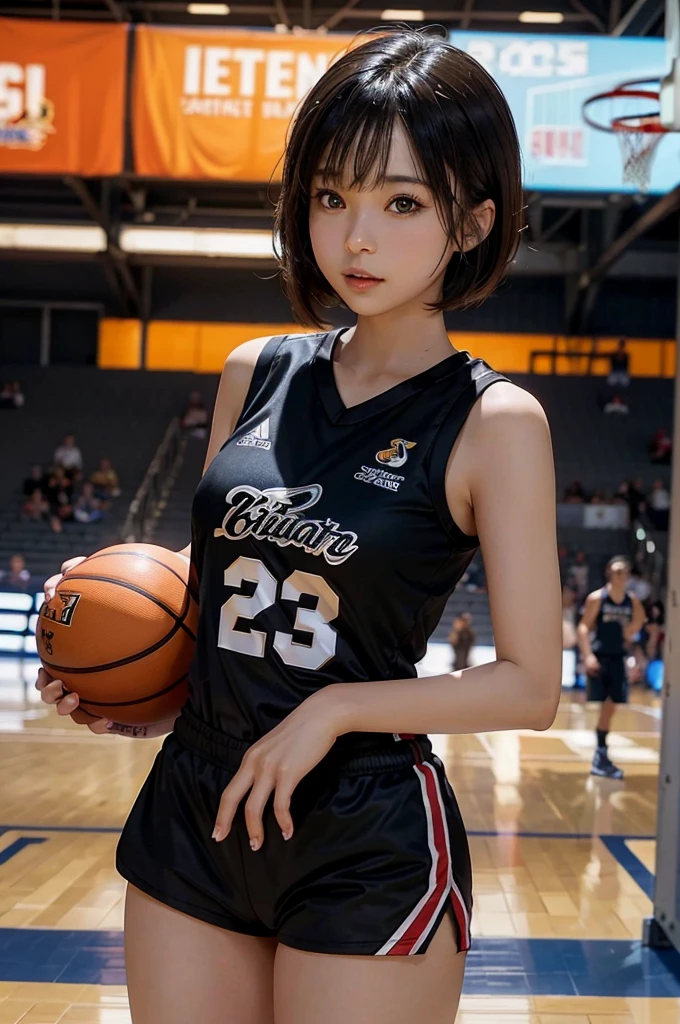 beautiful detail, best quality, 8k, highly detailed face and skin texture, high resolution, cute short hair asian girl in black basketball jersey at basketball court, full body, sharp focus