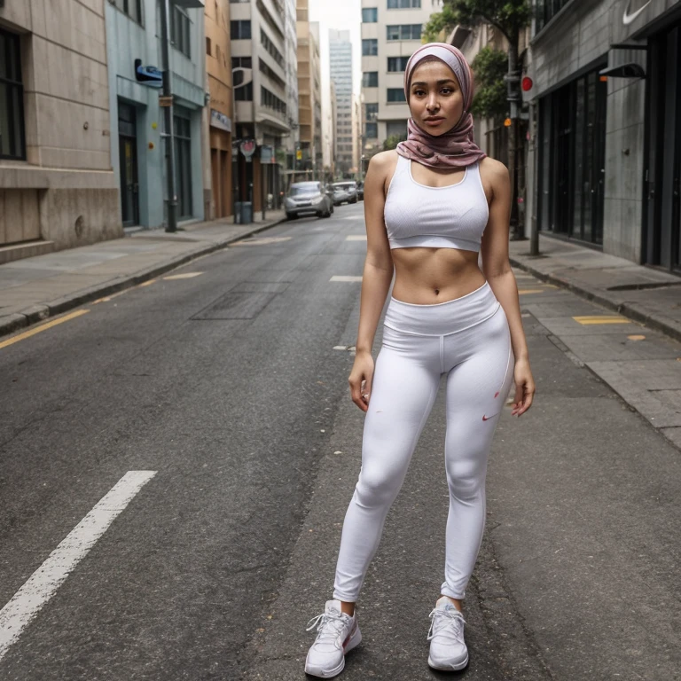 mia 20 years old , wearing hijab , big breast , white tanktop , tight legging ,nike shoes , standing at the street