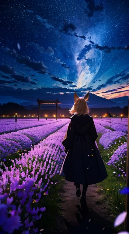 1people々々々々々々々々々々々々々々々,Woman with medium length blonde hair,Fox Ears,Long coat,Takageta, Dress Silhouette, Rear View,Space Sky, Flower Field,Colorful flowers,Dancing Petals,full moon,shrine,