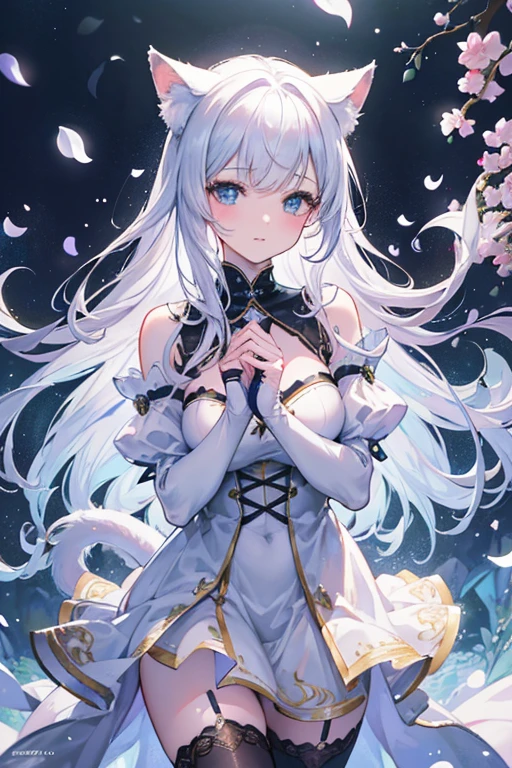 (best quality,4k,8k,highres,masterpiece:1.2),ultra-detailed,(realistic,photorealistic,photo-realistic:1.37),white-haired cat-ear girl wearing black stockings,illustration,soft lighting,vibrant colors,adorable expression,long white hair,black cat ears,sparkling eyes,rosy cheeks,beautiful detailed lips,tail swaying,playful pose,fantasy background,colored lights,subtle bokeh,vibrant hues,whimsical atmosphere,fantastical elements,soft shadows,dreamy ambiance,fantasy theme,magical touch,natural surroundings,enchanted garden,lush vegetation,soft breeze,bright moonlight,playful moon beams,petals floating in the air,ethereal glow