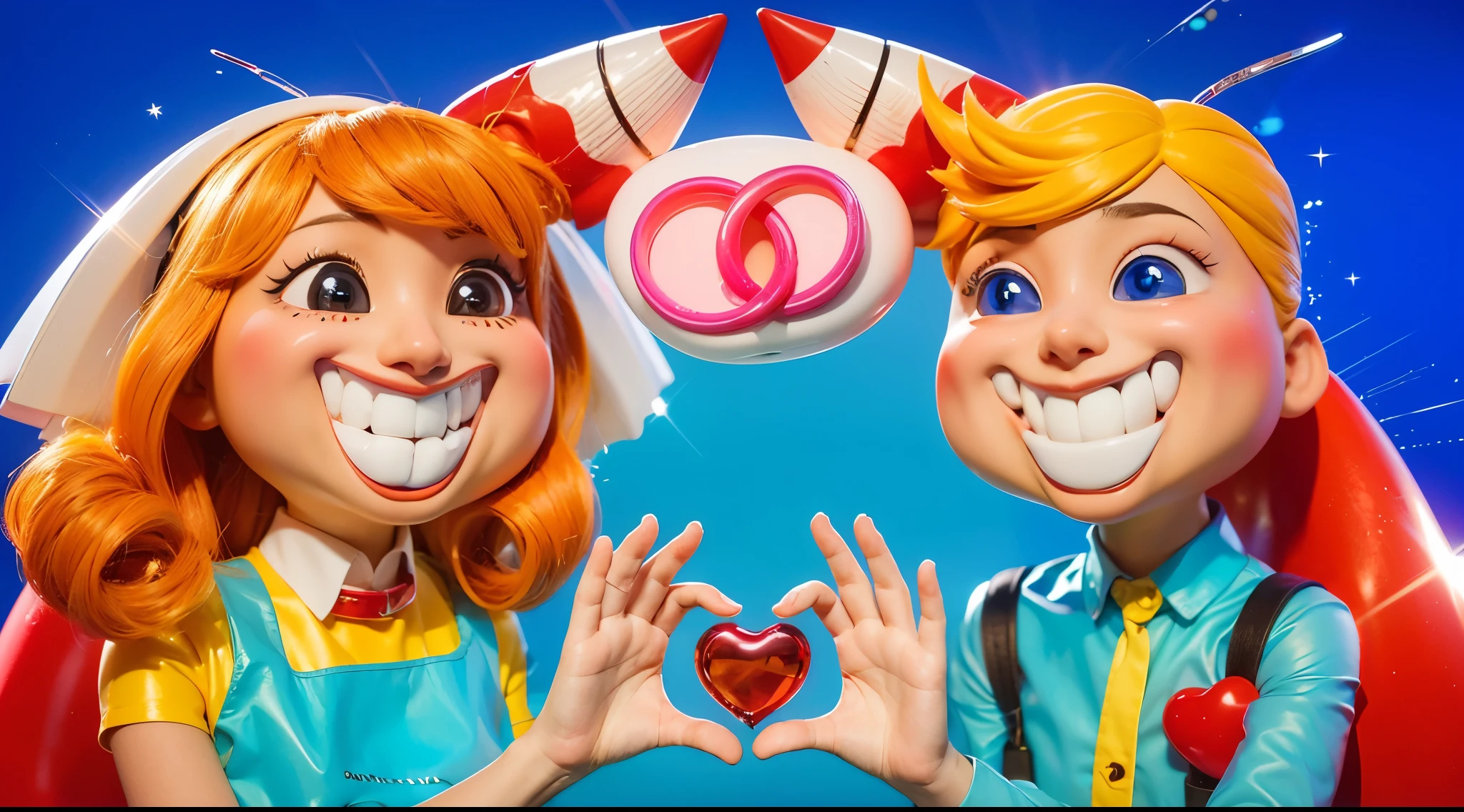 The image depicts a 3D rendered illustration of a boy and a girl with their hands shaped in the shape of a heart. They are both smiling and have red hair. The background is blue. cartoon characters stand next to each other, Electricsbunny, Holographic creatures, Beeple and Jeremiah Ketner, 🐋 as 🐘 as 🤖 as 👽 as 🐳, matte, Rabbids, cute 3D rendering, 3D icon for mobile game, robot rabbit, Shiny metallic, 3D персонажи violet cat toy, toy cat laying on glossy , glossy texture, smooth 3d model, multiple light sources, rim light, sharp post effects render, (glossy big light probe refractions), perfect cgi, cgi art created only with gradients, smooth silhouette, high intensity refraction, ( ), most beautiful vfx, blue background