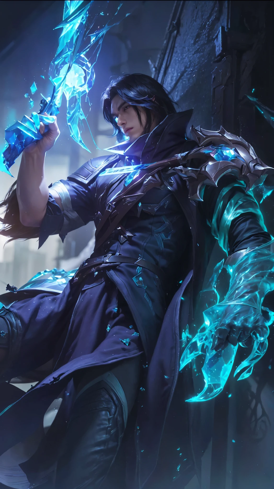 a close up of a person holding a gun  in a dark room, sylas, official splash art, league of legends character, character splash art, league of legends character art, splash art, arcane jayce, iconic character splash art, league of legends arcane, crystalline skin, johnny silverhand, ashe
