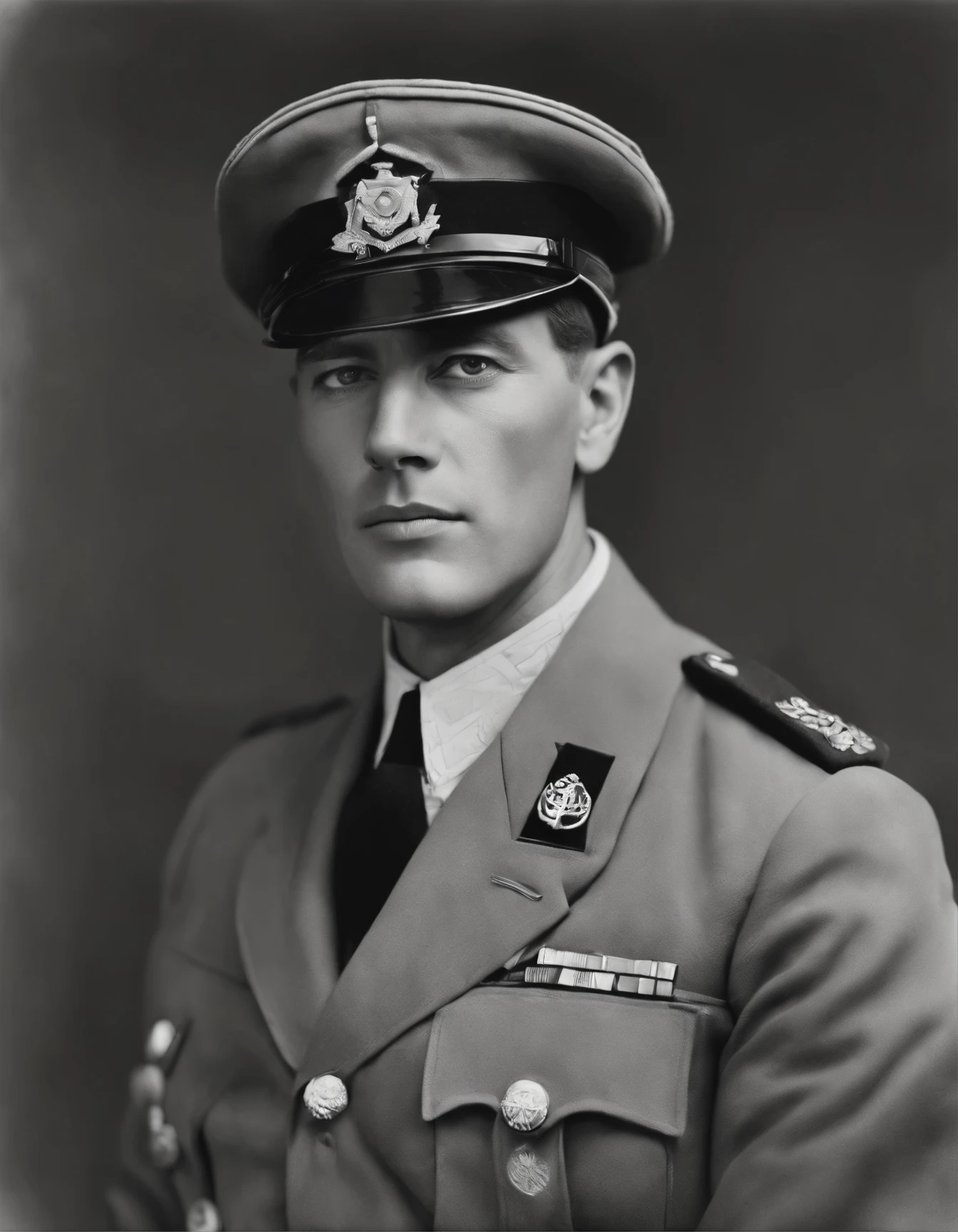 a black and white photo of a man in uniform holding binoculars, a portrait by Carlo Carrà, flickr, renaissance, ralph macquarrie, lawrence of arabia, french resistance, gurney, hugh ward, jock, close portrait, portrait of a soldier, gunner, iain mccaig, smug look, peter lloyd, trevor carlton, arnold armitage