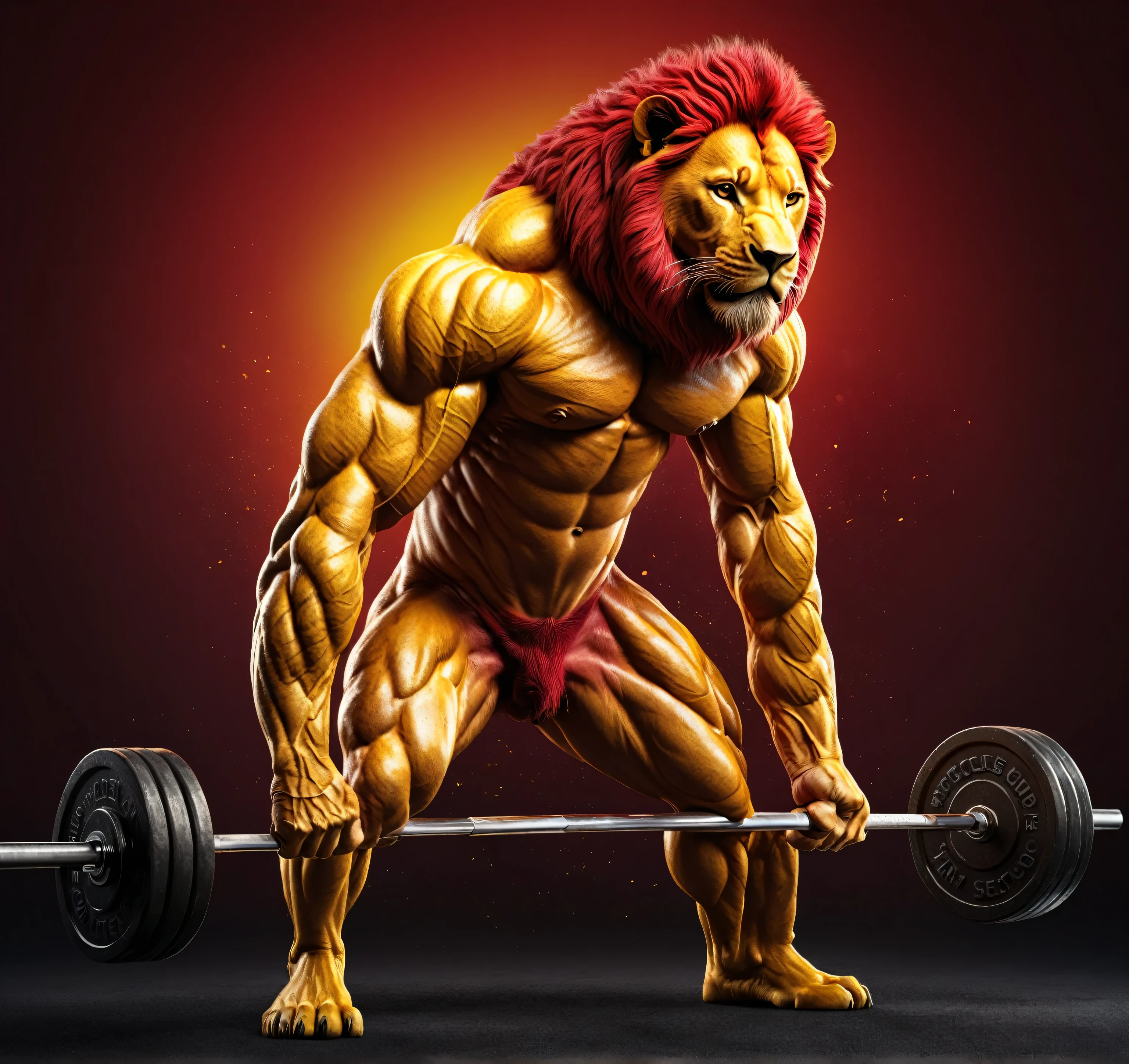 "(best quality,4K,highres,ultra-detailed),serious muscular lion lifting a barbell,illustration:1.2,red and yellow gradient,logo design,gym services,width:2450,height:1450"