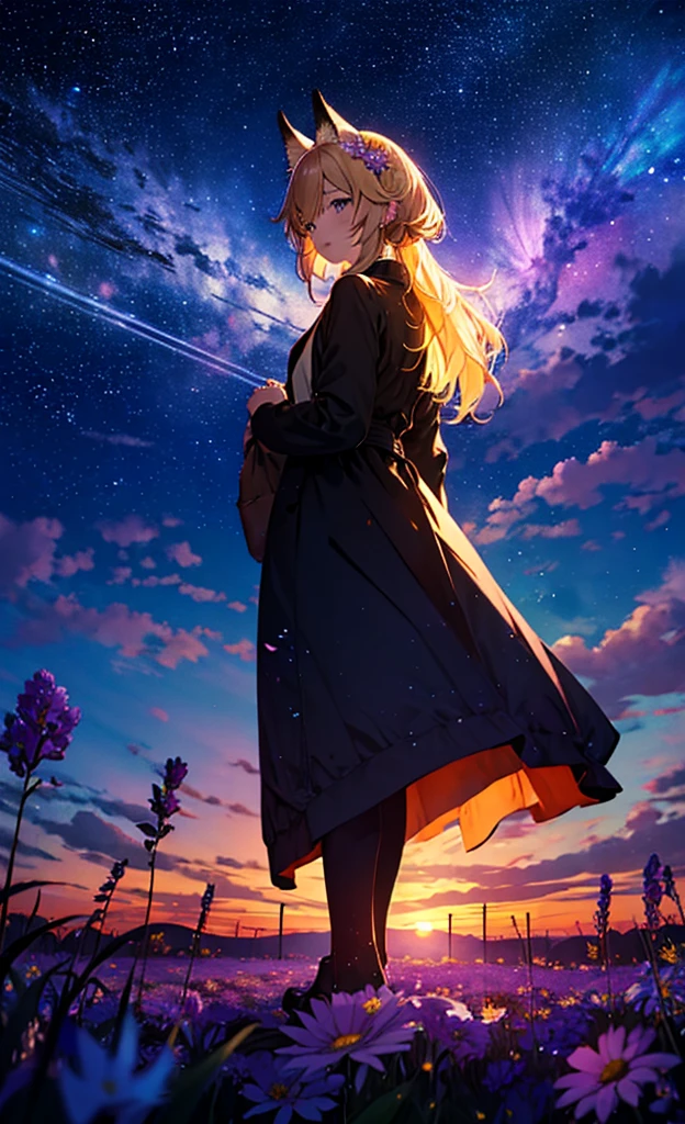 1people々々々々々々々々々々々々々々々々,Woman with medium length blonde hair,Fox Ears,Long coat,Takageta, Dress Silhouette, Rear View,Space Sky, Flower Field,Colorful flowers,Dancing Petals,full moon,shrine,
