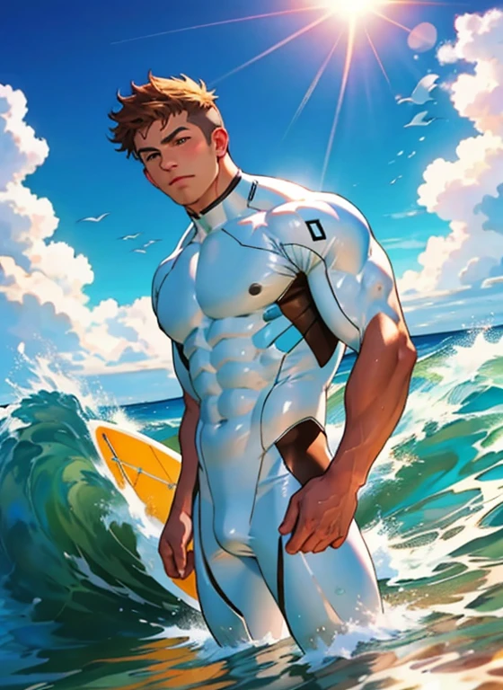 1boy,short hair, muscular, brown eyes, looking at viewer, white bodysuit, sunlight, sea waves, ocean, surfing,
