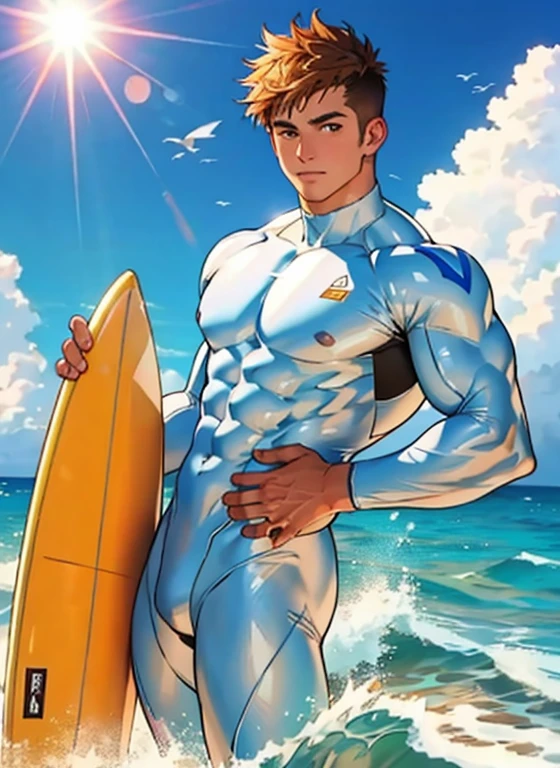 1boy,short hair, muscular, brown eyes, looking at viewer, white bodysuit, sunlight, sea waves, ocean, surfing,