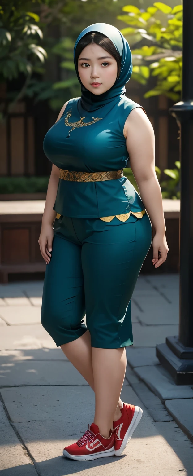 1 chinese-Indonesian girl, modern plain hijab, shy, medium portrait, watery eyes, wearing blue dark green kebaya, ((big breasts)), black bokeh background, well-proportioned body,, chubby massive thighs, full body pose, Hena art on the body, hena art on arms, full body view , wearing red sneakers , fat legs