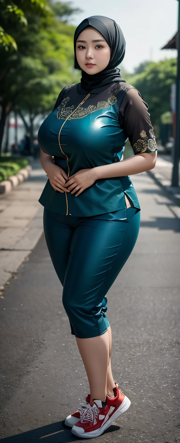 1 chinese-Indonesian girl, modern plain hijab, shy, medium portrait, watery eyes, wearing blue dark green kebaya, ((big breasts)), black bokeh background, well-proportioned body,, chubby massive thighs, full body pose, Hena art on the body, hena art on arms, full body view , wearing red sneakers , fat legs