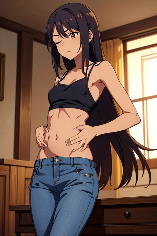 ((best quality)), ((masterpiece)), (detailed), perfect face, brown skin anime girl in a deep V neck backless cami top, (jeans trousers), famished in hunger, (gently resting hands on stomach), (long hair), (hands on her stomach), (eyes closed), (slim girl), (skinny stomach), (flat stomach), (starved stomach)