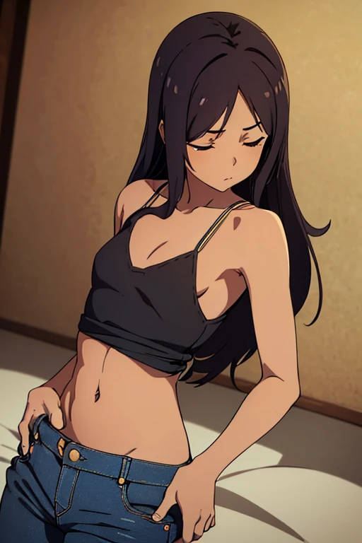 ((best quality)), ((masterpiece)), (detailed), perfect face, brown skin anime girl in a deep V neck backless cami top, (jeans trousers), famished in hunger, (gently resting hands on stomach), (long hair), (hands on her stomach), (eyes closed), (slim girl), (skinny stomach), (flat stomach), (starved stomach)