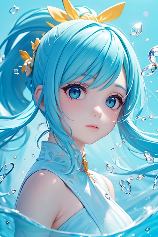 (masterpiece), (highest quality), (Super detailed),Delicate and beautiful face, floating,(High saturation),(Colorful splashes),Colorful bubbles,(The Shining), Focus on the face, ponytail、Light blue hair, bangs, Hair Ring, Floating Flowers, Floating hair, (The Shining), Best lighting, Best Shadow,