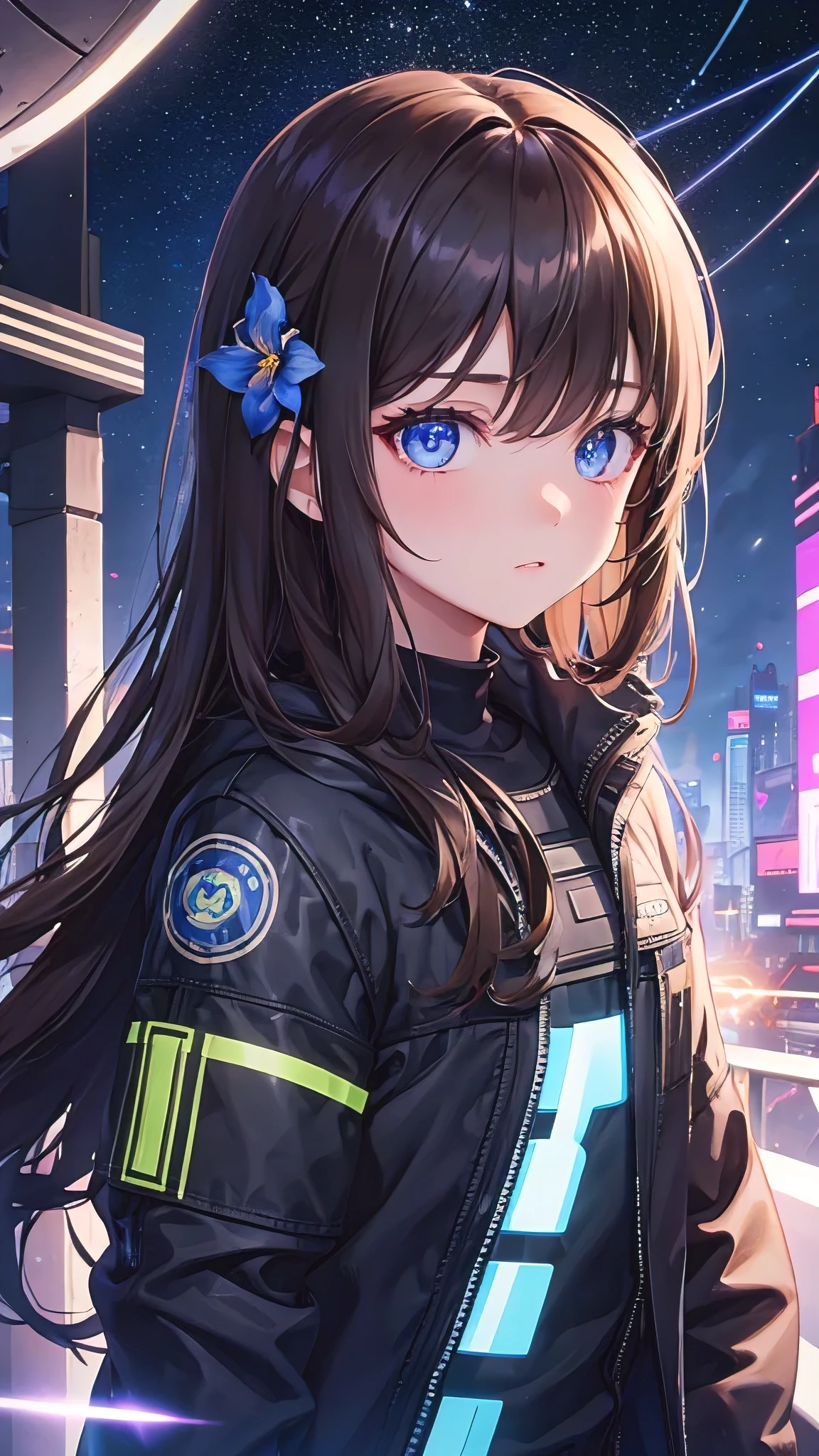 fair, 1 boy, cute boy, Brown hair, Long hair, Eye-catching eyes, blue iris flower, trap, Cyberpunk, Science fiction, Upper Body, space, Star, night, Sky, Black pupil, Female image, Cute face