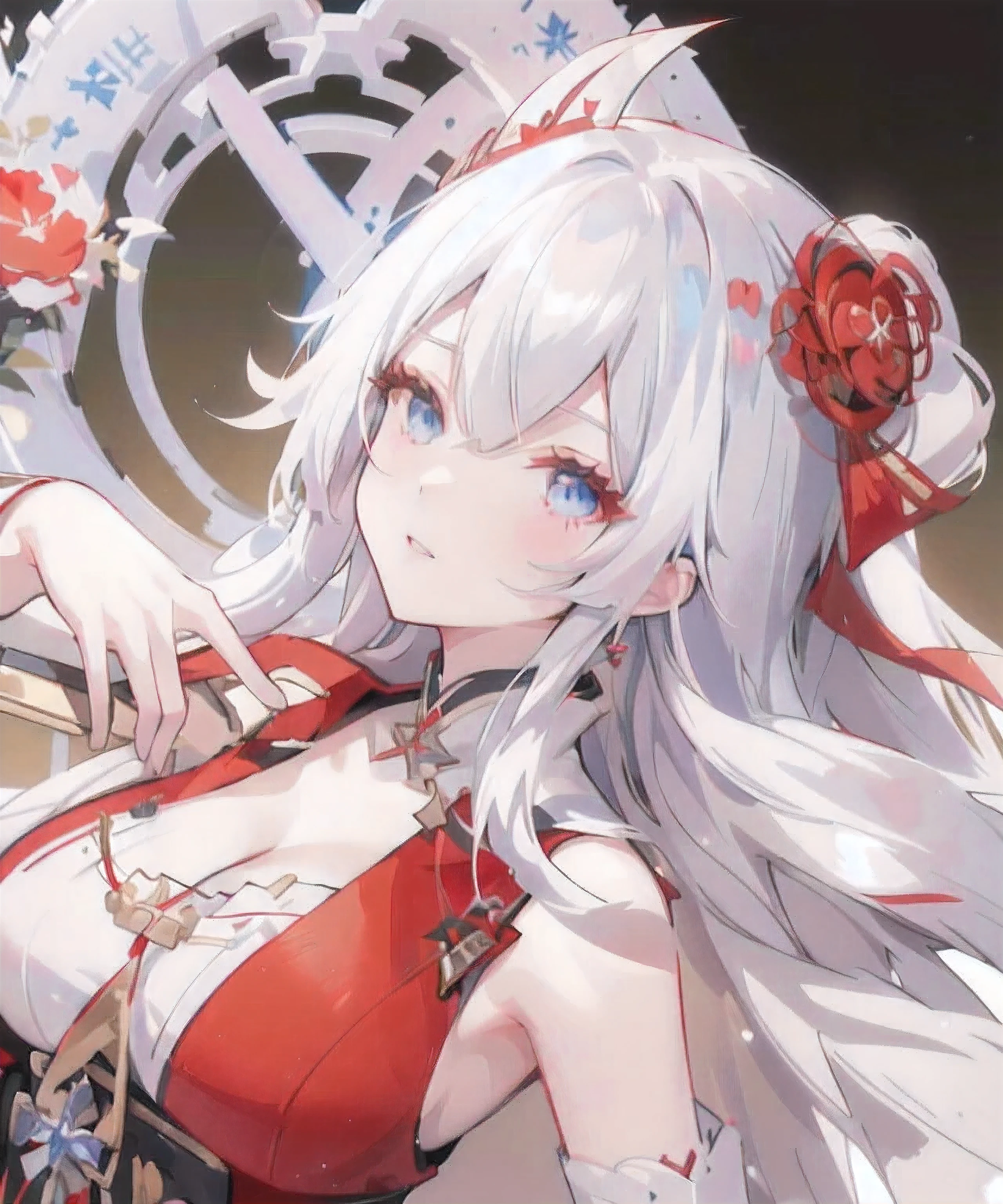 anime girl with white hair and red dress posing for a picture, blue eyes, white haired deity, ayaka genshin impact, edelgard fire emblem, characters from azur lane, ayaka game genshin impact, edelgard from fire emblem, cushart krenz key art feminine, shalltear bloodfallen, azur lane style, from the azur lane videogame