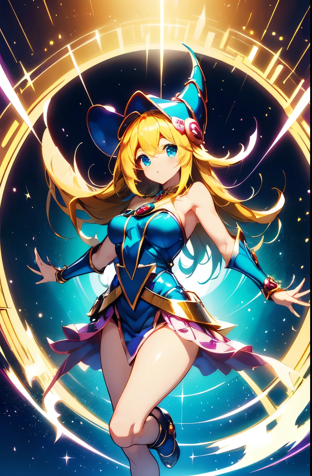 ark magician girl, magician girl, magic girl, dark magic girl, girl, magic, mistic, anime, yugioh, girl yugioh, yugioh girl, chica maga oscura, maga oscura, maga, (see*through-tshirt-nobra:1.1)-(underhnipples:1), best quality, masterpiece, 1gir, long hair, blue eyes, brazaletes azules, traje azul con detalles rosas