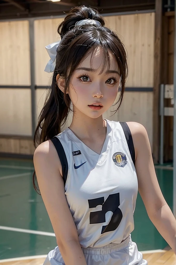 beautiful detail, best quality, 8k, highly detailed face and skin texture, high resolution, big tits cute ponytail hair asian girl in white basketball jersey at basketball court, full body, sharp focus
