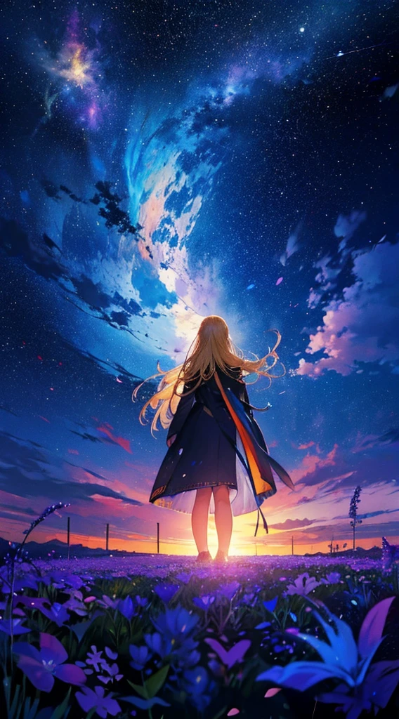 1people々々々々々々々々々,Blonde long-haired woman,Long coat, Dress Silhouette, Rear View,Space Sky, Flower Field,Colorful flowers