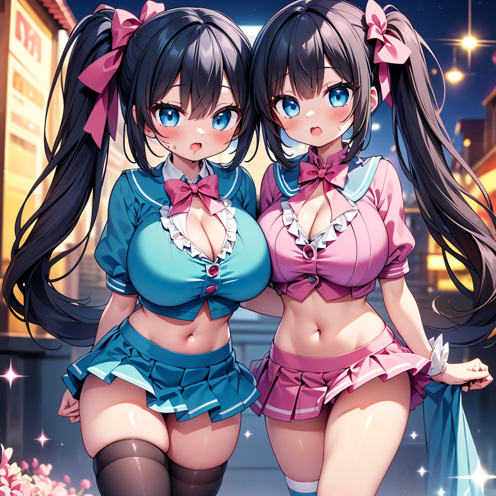 highest quality,wonderful,finely,extremely detailed CG Unity 8K wallpaper, (girls, cute eyes, (magical pink girl outfit,frill mini skirt:1.1), Black Hair, blue eyes, side ponytail, clothed), (sparkling eyes:1.2), (skinny body:1.1), (huge breasts), (cleavage:1.1), (crop top navel:1.1), (open mouth:1.1), (long tongue:1.1), (mouth drool:1.1), (black stockings:1.1),(Thighs:1.2),(Waistline:1.1)