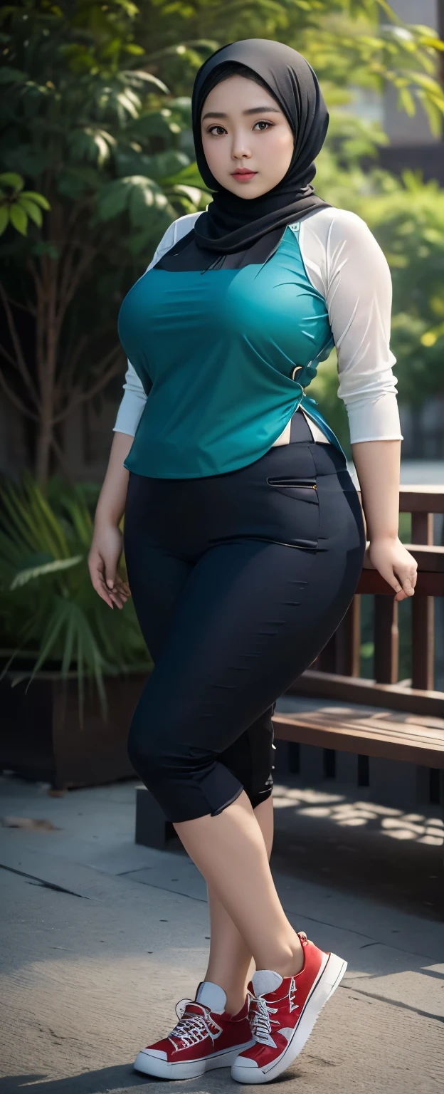 1 chinese-Indonesian girl, modern plain hijab, shy, medium portrait, watery eyes, wearing blue dark green kebaya, ((big breasts)), black bokeh background, well-proportioned body,, chubby massive thighs, full body pose, Hena art on the body, hena art on arms, full body view , wearing red sneakers , fat legs