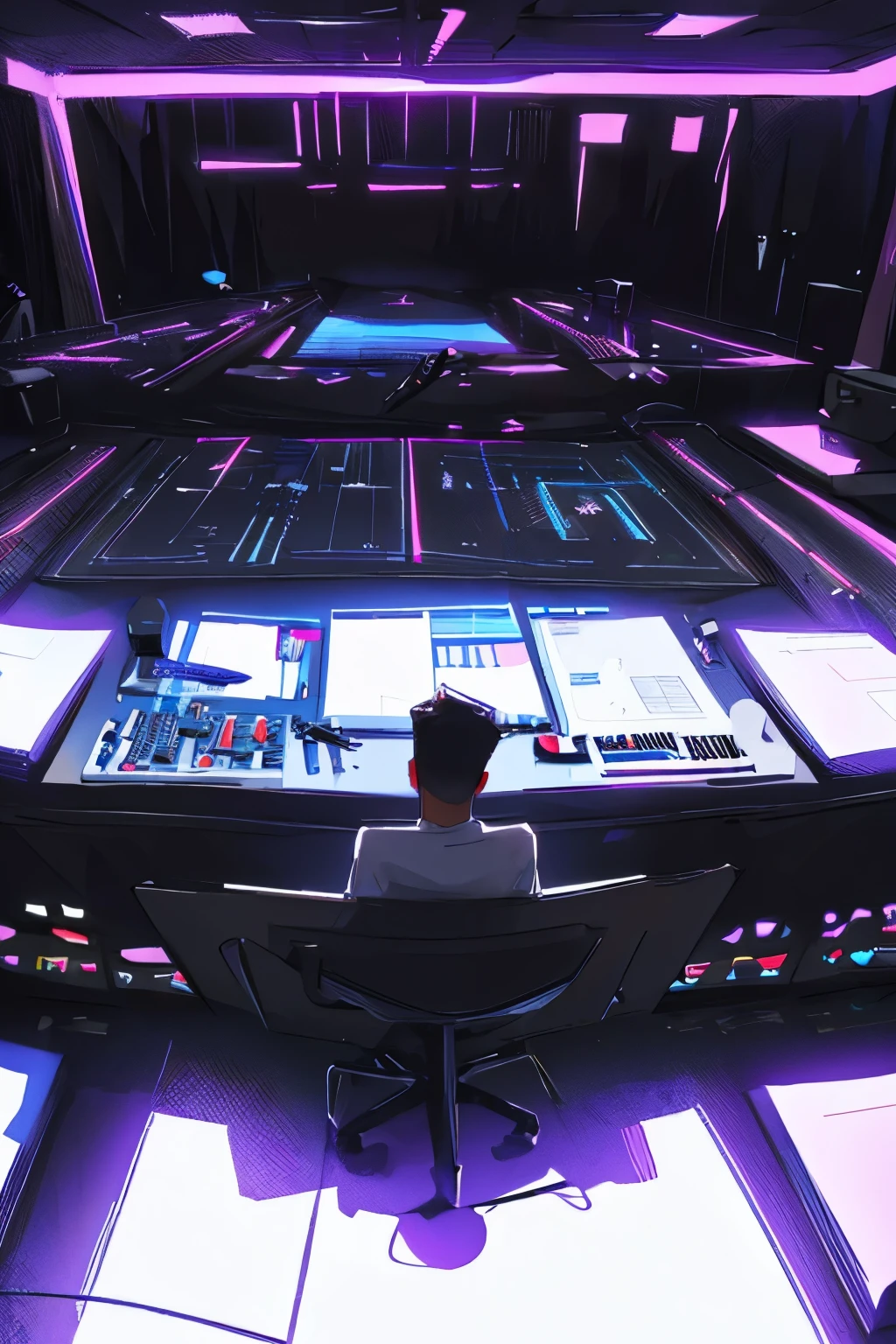 A DJ producer working on his laptop. The room is filled with musical instruments and synthesizers, highly detailed, 4k