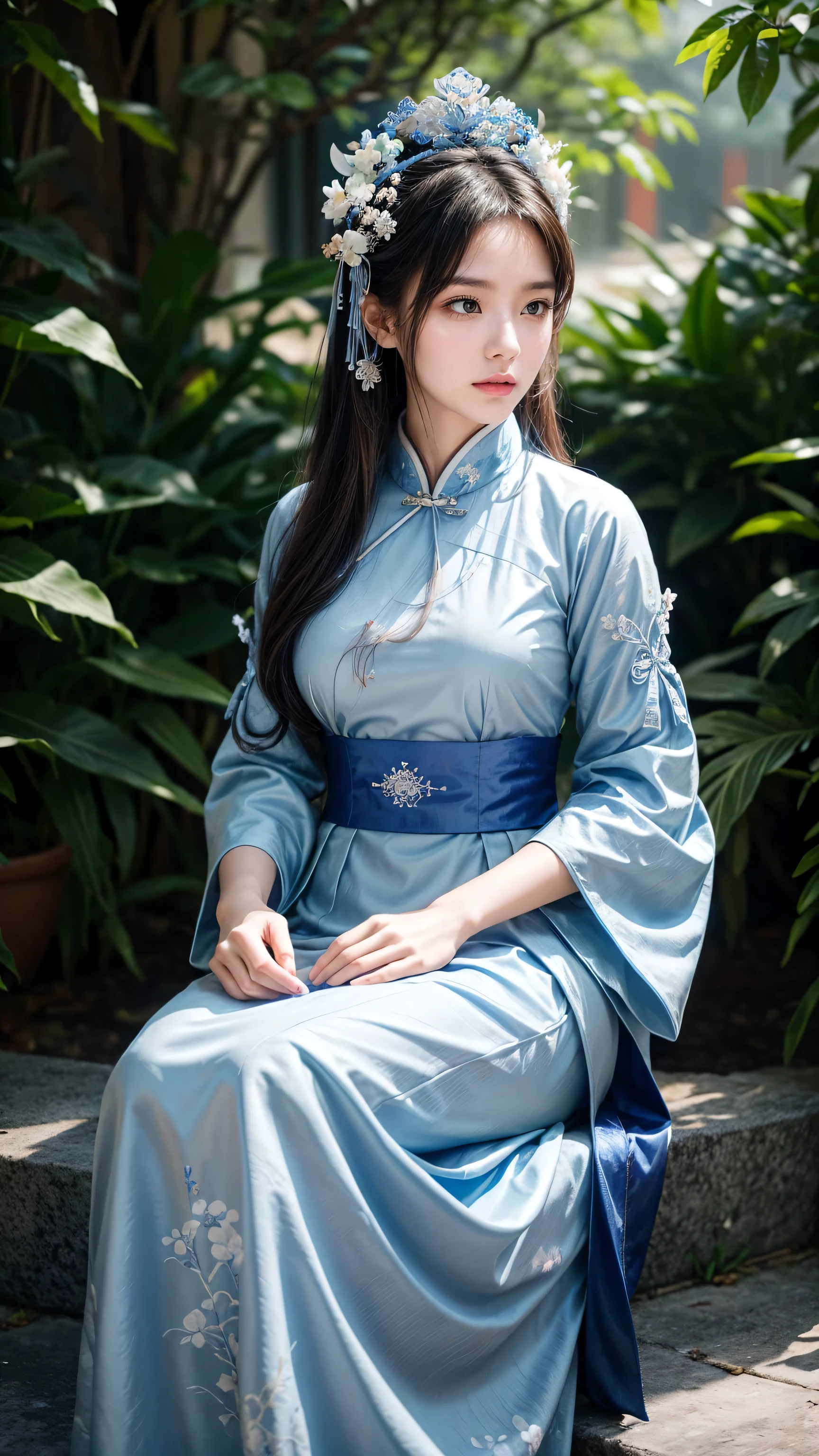 A woman in a blue and white dress、Woman with flowers on her head, Hanfu, palace, girl in Hanfu, blue Hanfu, white Hanfu, Dressed in ancient Chinese costumes, ((Beautiful fantasy queen)), ancient Chinese Princess, Chinese, Chinese traditional clothing, Chinese Clothing, Beautiful fantasy queen, Chinese Princess, Traditional Beauty,