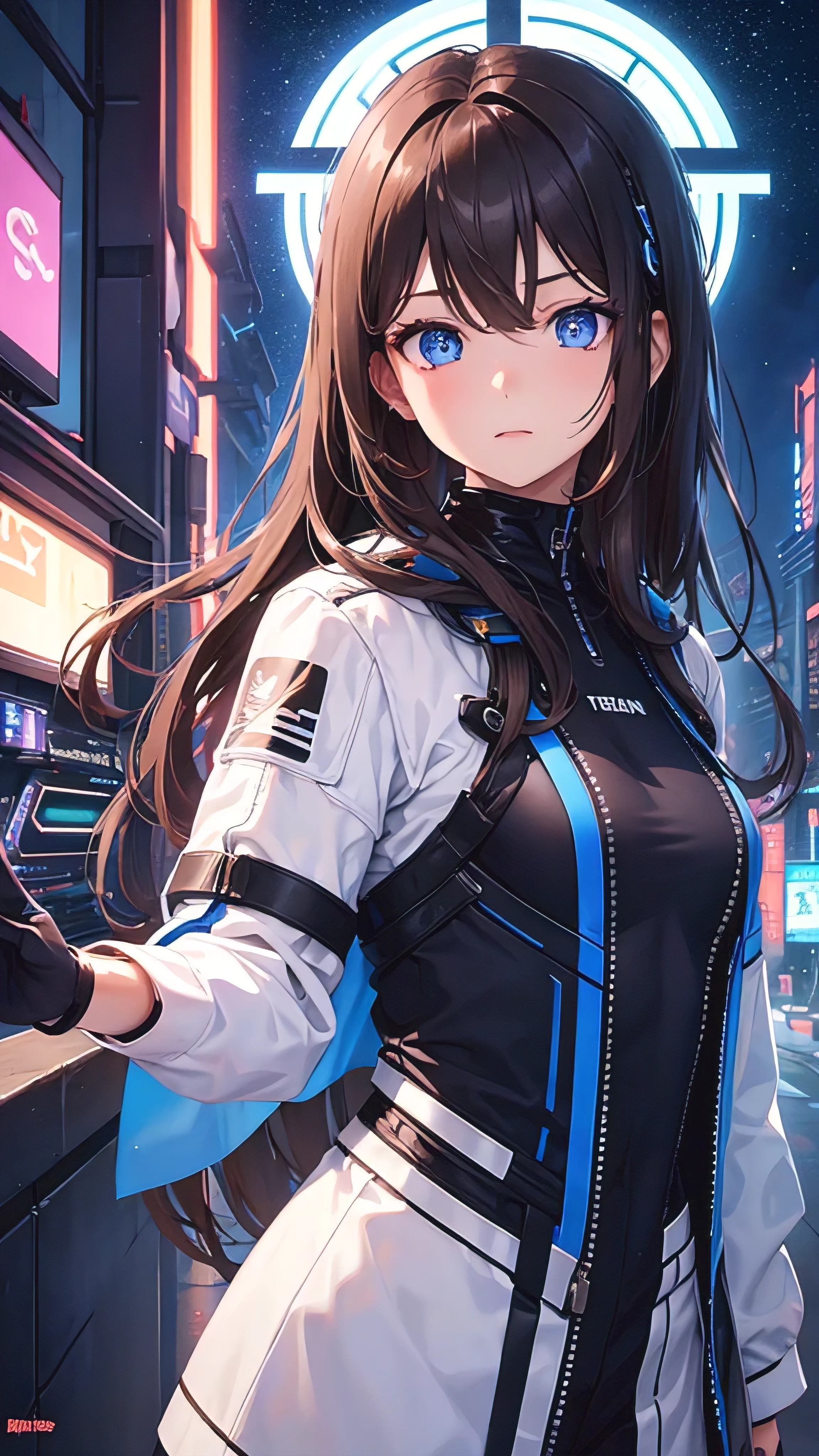 fair, 1 boy, cute boy, Brown hair, Long hair, Eye-catching eyes, blue iris flower, trap, Cyberpunk, Science fiction, Upper Body, space, Star, night, Sky, Black pupil, Female image, Cute face