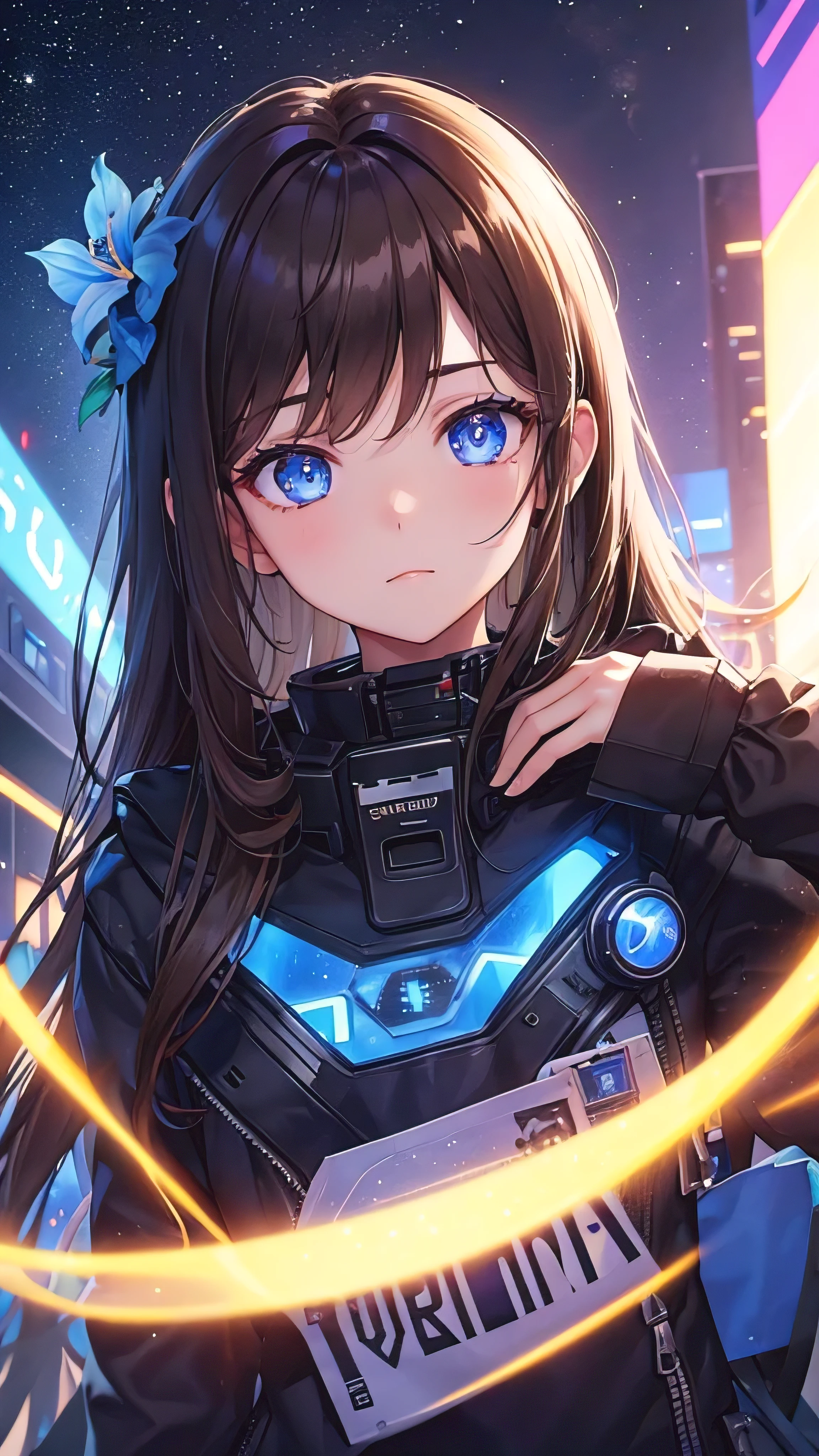 fair, 1 boy, cute boy, Brown hair, Long hair, Eye-catching eyes, blue iris flower, trap, Cyberpunk, Science fiction, Upper Body, space, Star, night, Sky, Black pupil, Female image, Cute face