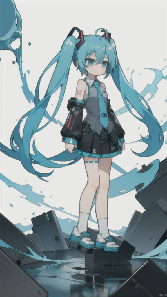 best quality, chibi, 1 girl, miku, Hatsune Miku, (full body), Pure white background,Vivid,clearly,sad face,rain