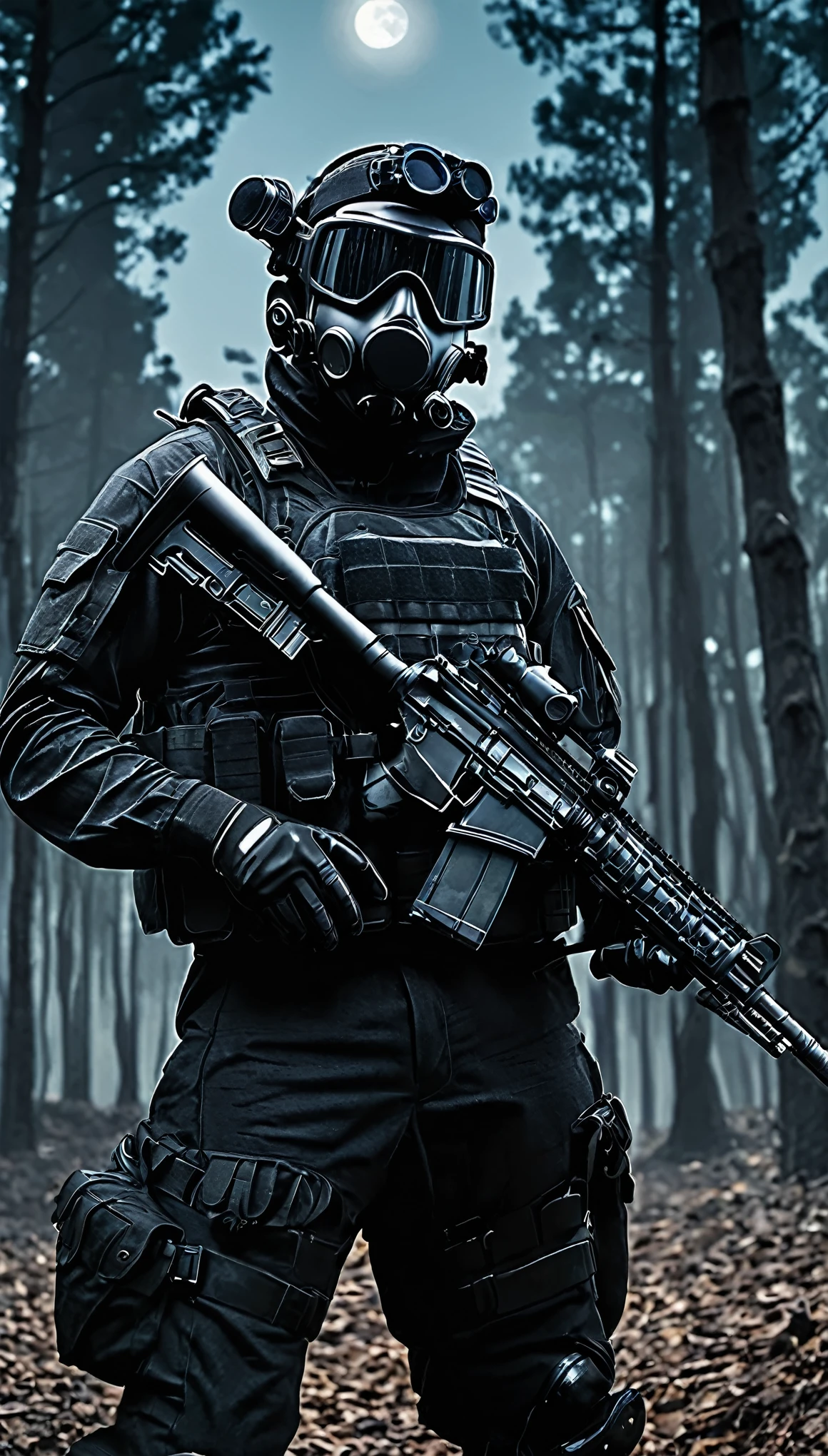 ((best quality)), ((masterpiece)), ((detailed)), ((Sci-fi style)),Masterpiece,Top Quality CG,4K quality,The atmosphere is serious,
A heavily armed male soldier,Wear high-tech advanced combat uniforms(full black),Bulletproof vest with full magazine,Full-face multi-purpose tactical helmet(black),Night Vision Goggles,Explosion-proof goggles(black),Gas Mask(black),tactical headphones,No nationality indication,no armband,
The background is night,forest,big tree,moon,
Correct gun holding posture,Hand holding precision marksman rifle,Avoid finger mistakes,HK416 rifle,Improved rifle details,