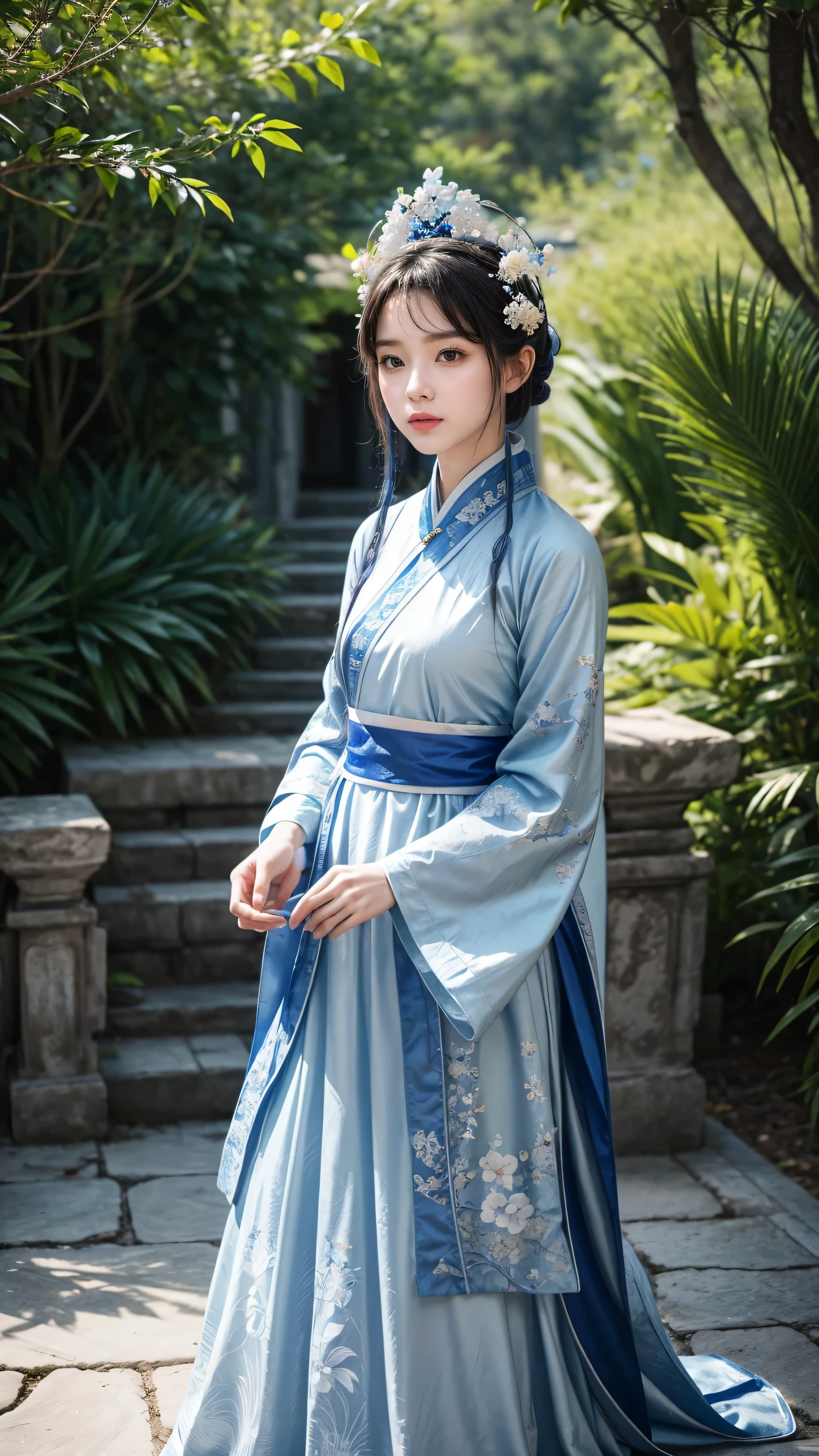 A woman in a blue and white dress、Woman with flowers on her head, Hanfu, palace, girl in Hanfu, blue Hanfu, white Hanfu, Dressed in ancient Chinese costumes, ((Beautiful fantasy queen)), ancient Chinese Princess, Chinese, Chinese traditional clothing, Chinese Clothing, Beautiful fantasy queen, Chinese Princess, Traditional Beauty,