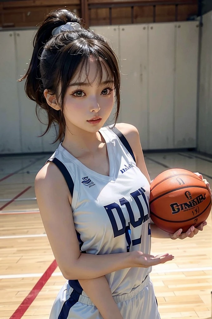 beautiful detail, best quality, 8k, highly detailed face and skin texture, high resolution, big tits cute ponytail hair asian girl in white basketball jersey at basketball court, full body, sharp focus