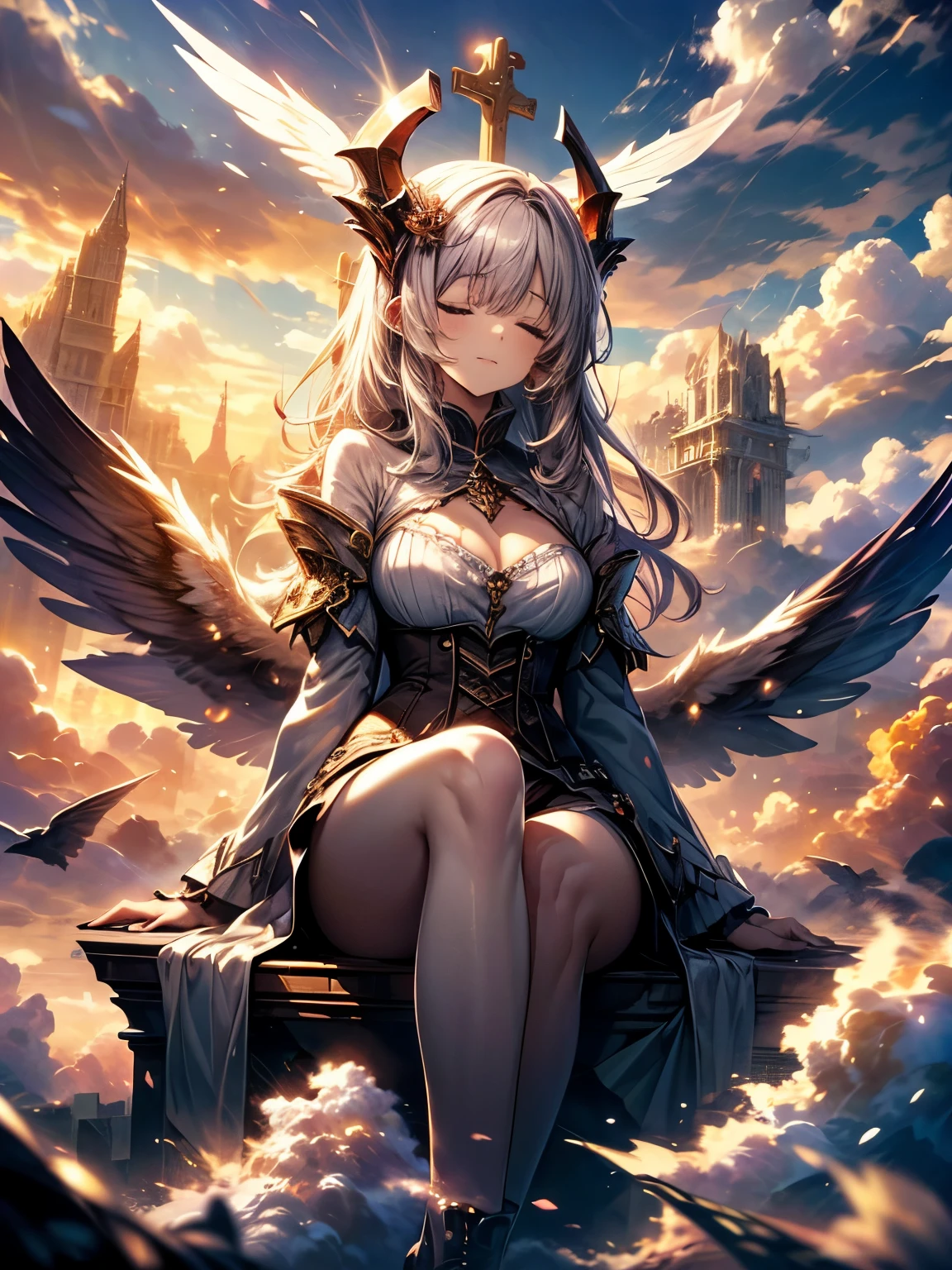 sea of clouds、One girl、Demon Girl、horn、The best smile、((Sit on the clouds))、Sitting cross-legged on the clouds、((Sitting cross-legged on a cloud))、Ride the Clouds、((Lying on a cloud))、((Sleeping on the clouds))、Fantasy art、(((masterpiece))), (best quality), (ultra detail), (very_high_resolution), (large_filesize), (full color)