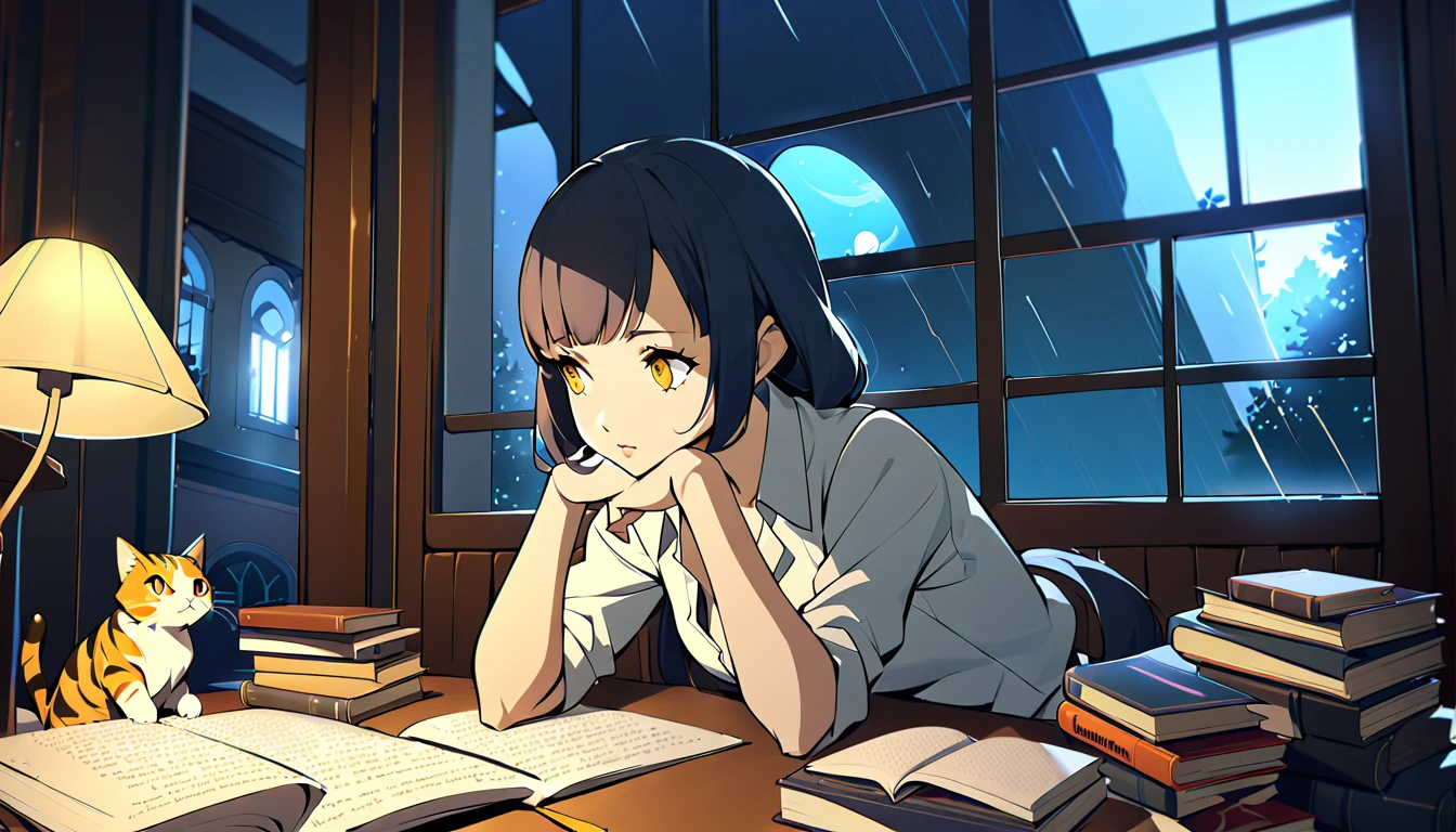 Masterpiece, Best quality, 1girl, Cozy corner, Jumble of books, Profound study, Desk lamp, Yellow glow, Peaceful ambiance, Quiet night, Window, Tranquil countenance, Intensity of concentration, Composed posture, Inquisitive eyes, Subtle tilt, Nimble fingers, Timeworn margins, Sultry aura, Silent focus, Deep in thought, Scholar, Old world wisdom, Intellectual, Thoughtful, Pensive, Well-read, Intellect, Knowledgeable, Wisdom seeker, Glimpse into the mind, Soaking up the knowledge, Absorbing the information.
A girl, enscon,evening,rainy,with cat,