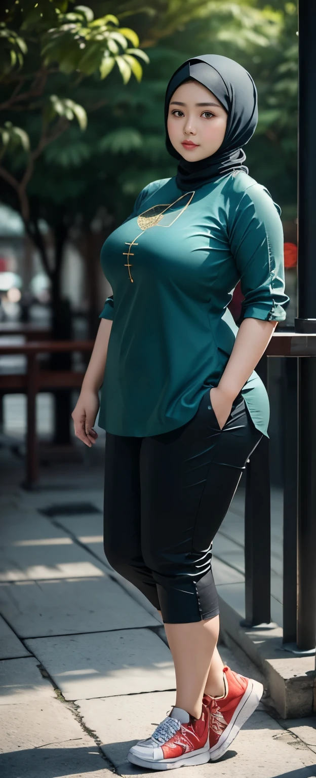 1 chinese-Indonesian girl, modern plain hijab, shy, medium portrait, watery eyes, wearing blue dark green kebaya, ((big breasts)), black bokeh background, well-proportioned body,, chubby massive thighs, full body pose, Hena art on the body, hena art on arms, full body view , wearing red sneakers , fat legs